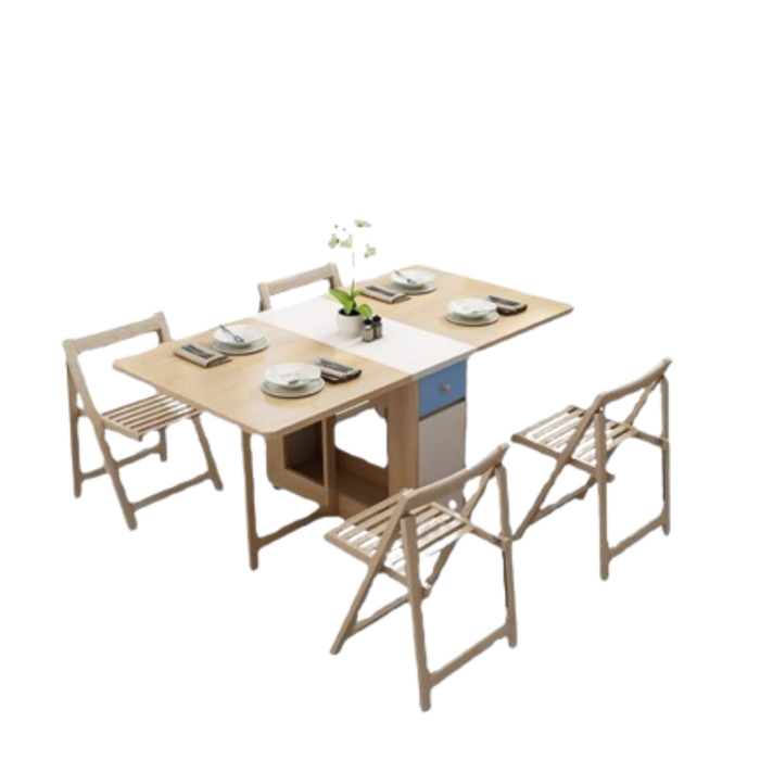 Space-Saving Connected Dining Set: Rectangular Double Drop Table & Movable Chairs